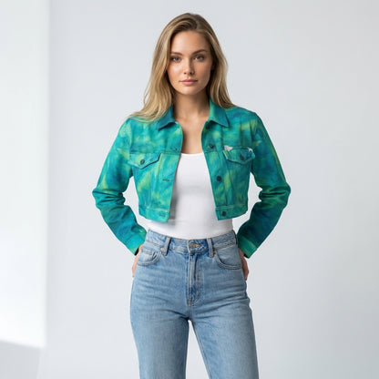 Cropped Jean Cotton Jacket Turquoise Watercolors