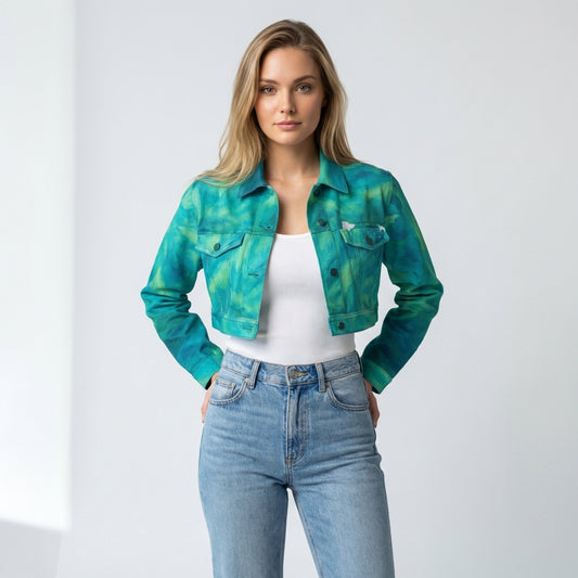 Cropped Jean Cotton Jacket Turquoise Watercolors
