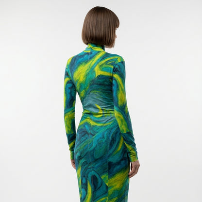 Sarong Maxi Turtleneck Body Con Dress Blue Jungle