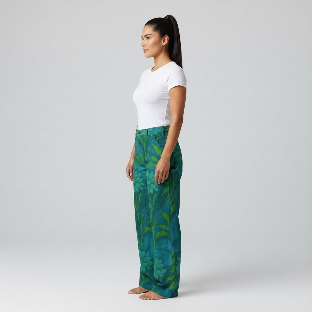 Carpenter Pants Teal Flowers