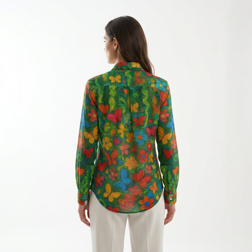 Button Front Shirt Butterfly Flowers