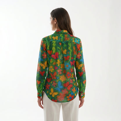 Button Front Shirt Butterfly Flowers