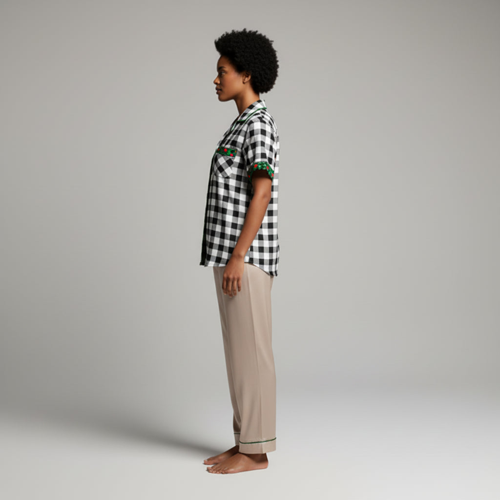 White & Black Buffalo Check Pajama Top