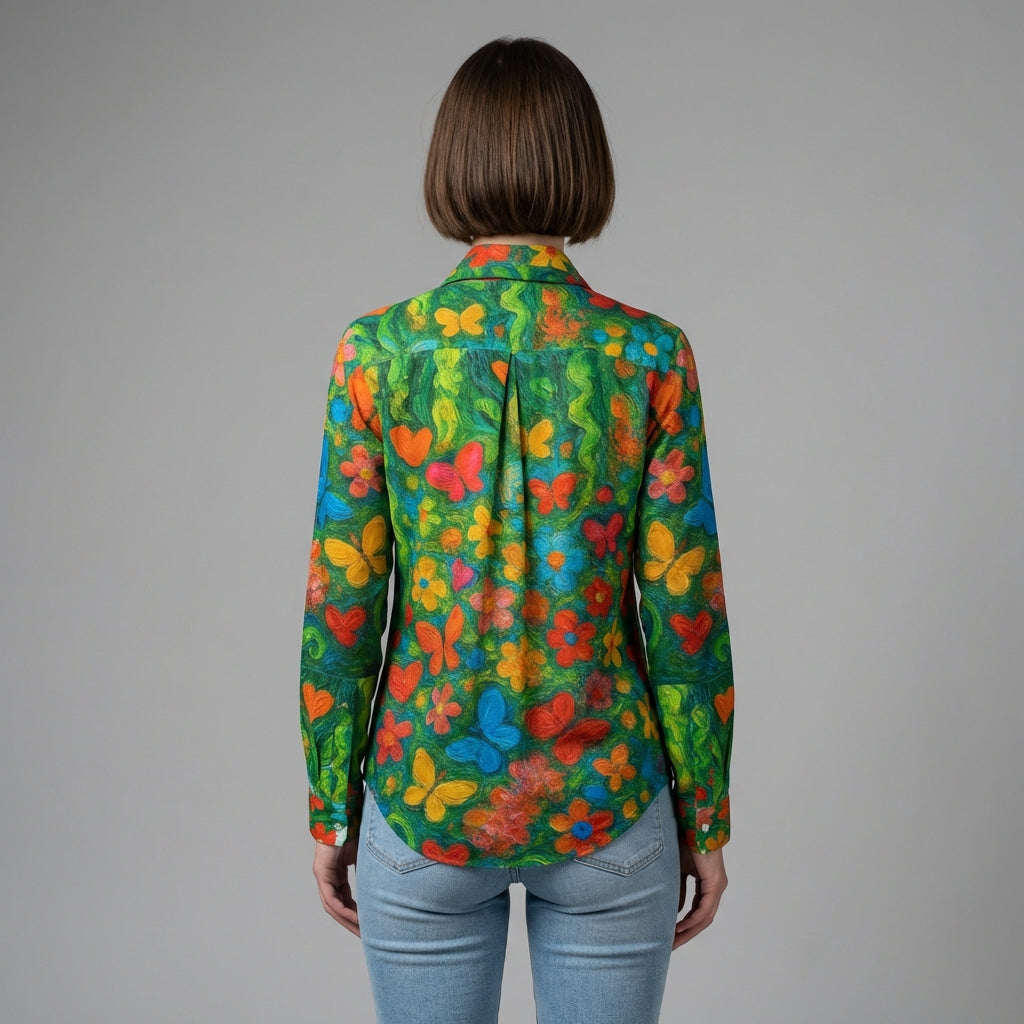 Button Front Shirt Butterfly Flowers
