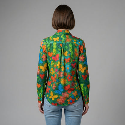 Button Front Shirt Butterfly Flowers