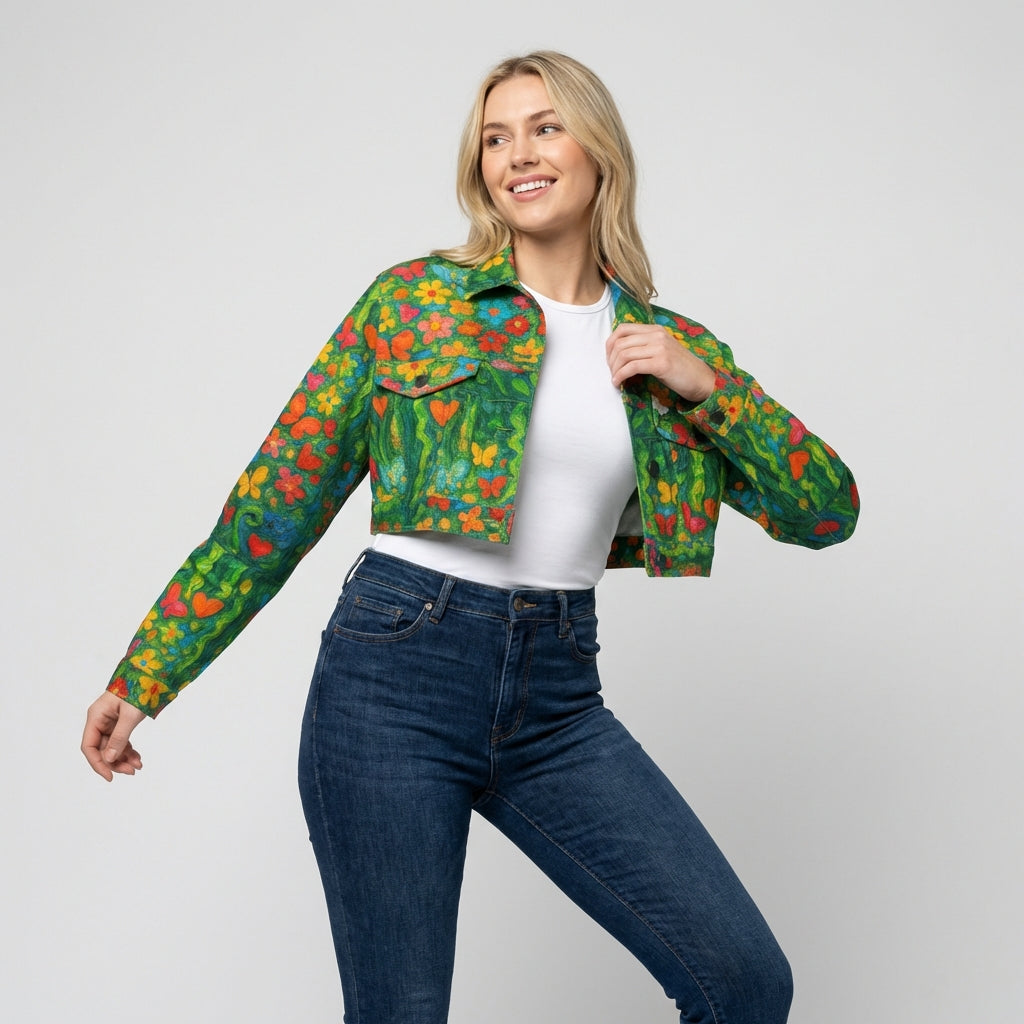 Cropped Jean Cotton Jacket Butterfly Flowers