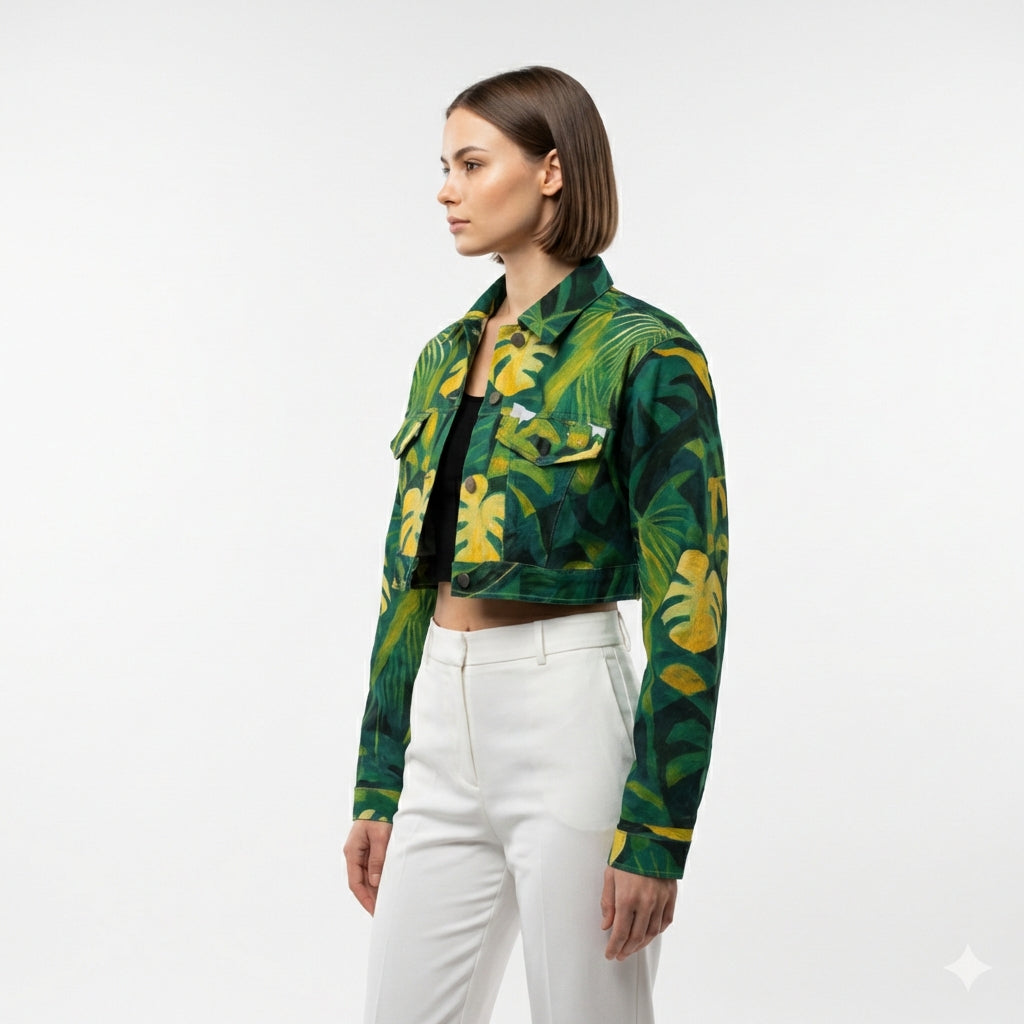 Cropped Jean Cotton Jacket Green Leaves