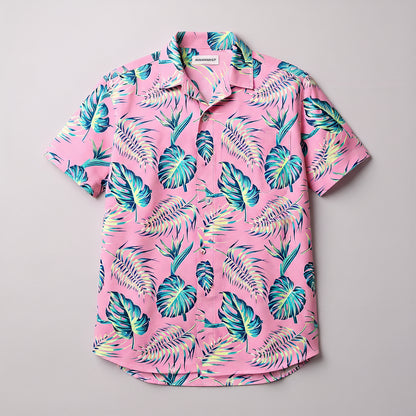 Pink Tropical Leaf Camp Collar/Bowling Shirt – Organic Cotton Twill