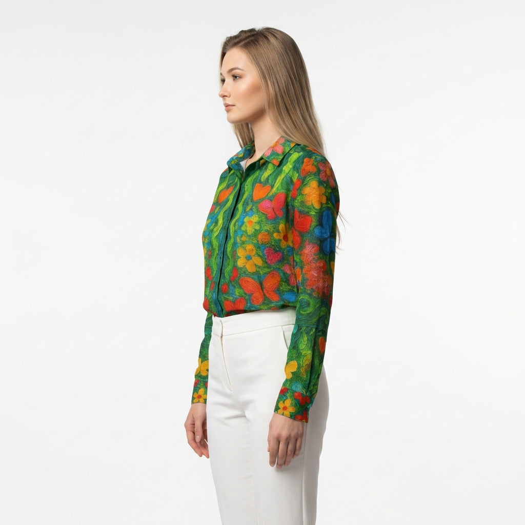 Button Front Shirt Butterfly Flowers