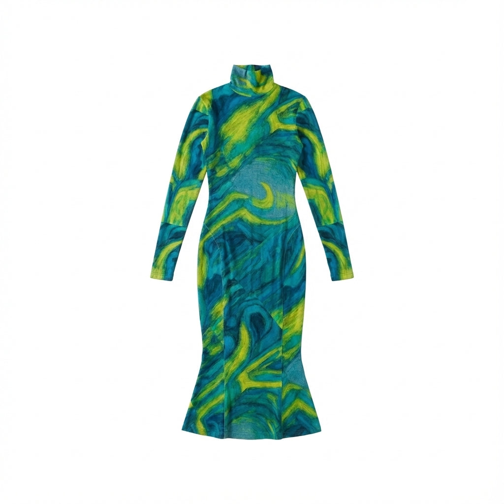 Sarong Maxi Turtleneck Body Con Dress Blue Jungle