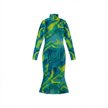 Sarong Maxi Turtleneck Body Con Dress Blue Jungle