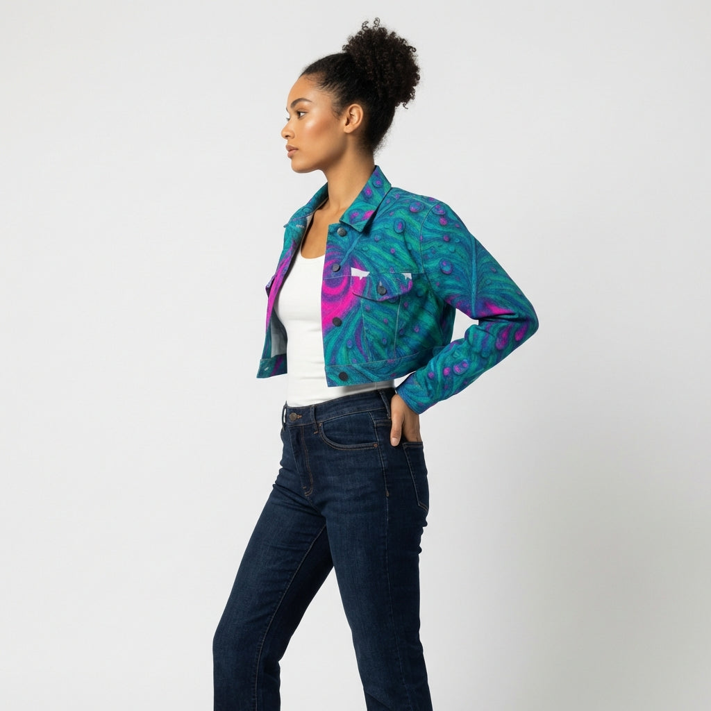 Cropped Jean Cotton Jacket Teal Peacock Feather
