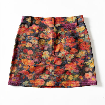 Cropped Denim Mini Skirt Red Flower Bed