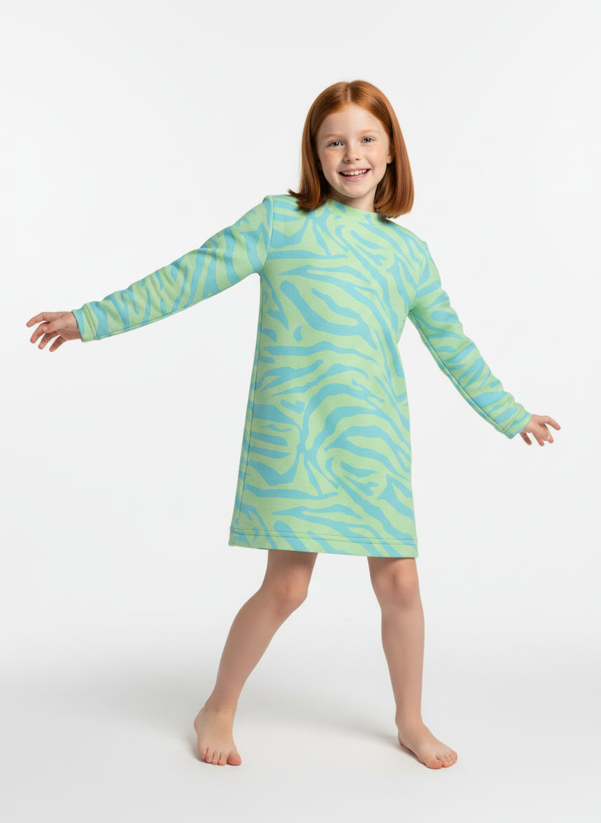 Long Sleeve T-Shirt Dress in Aqua Zebra Stripe