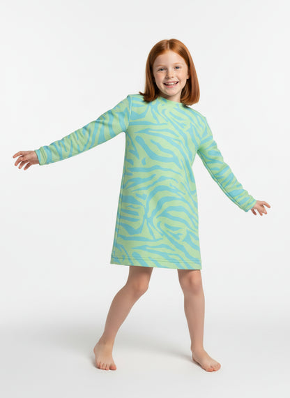 Long Sleeve T-Shirt Dress in Aqua Zebra Stripe