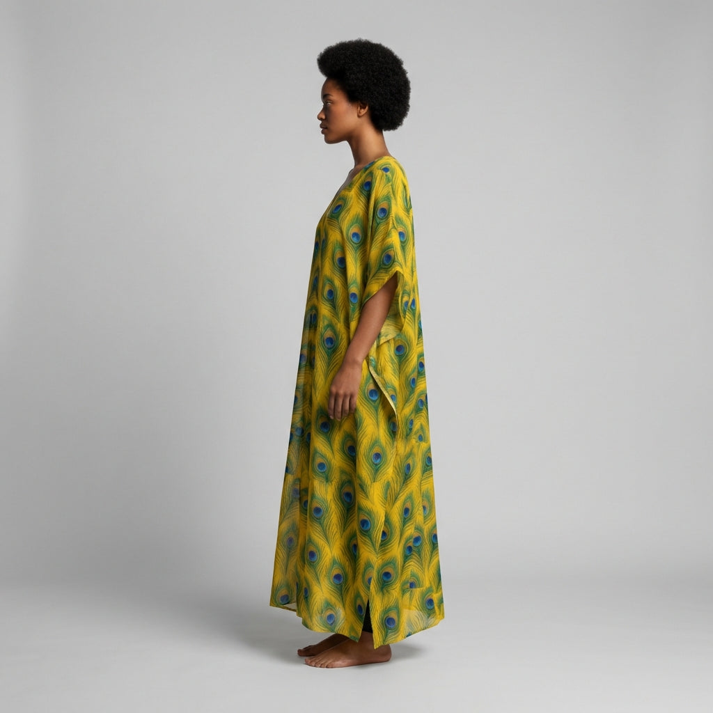 Caftan Yellow Flowers in Organic Cotton Voile