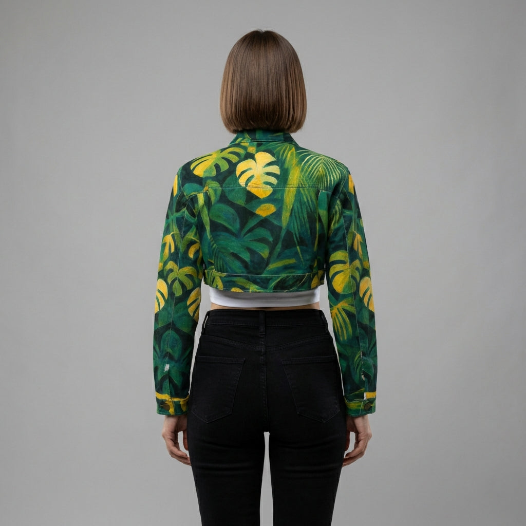 Cropped Jean Cotton Jacket Green Leaves