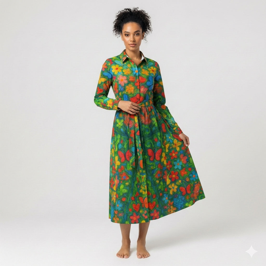 Button Front Shirt Dress Butterfly Flowers