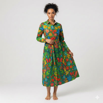 Button Front Shirt Dress Butterfly Flowers