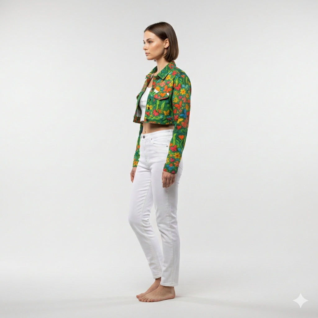 Cropped Jean Cotton Jacket Butterfly Flowers