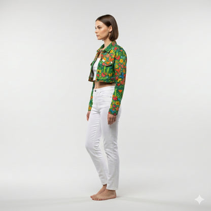 Cropped Jean Cotton Jacket Butterfly Flowers