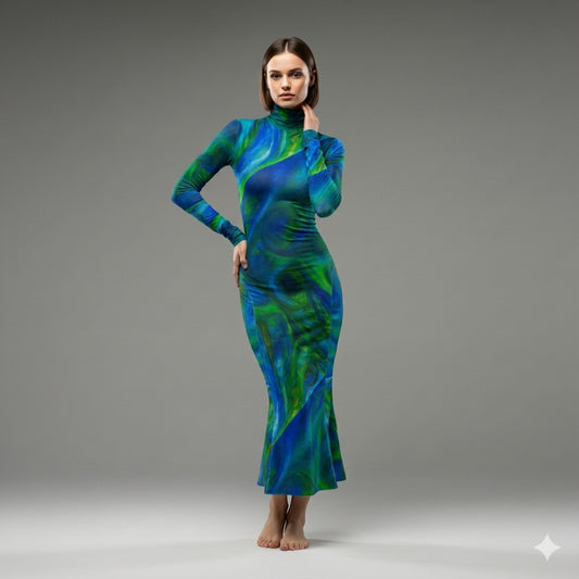 Sarong Maxi Turtleneck Body Con Dress Blue Moon 
