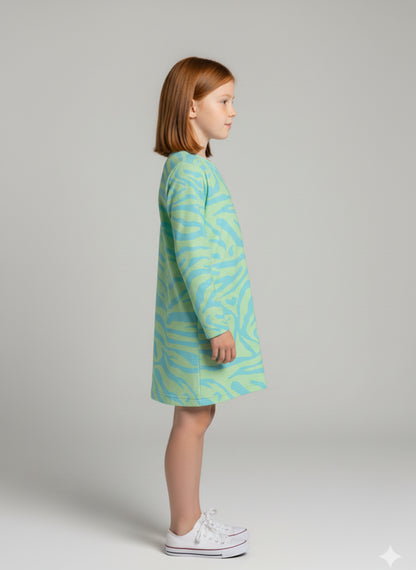 Long Sleeve T-Shirt Dress in Aqua Zebra Stripe