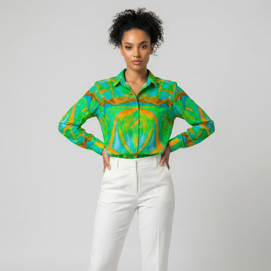 Button Front Shirt Palm Tree Island
