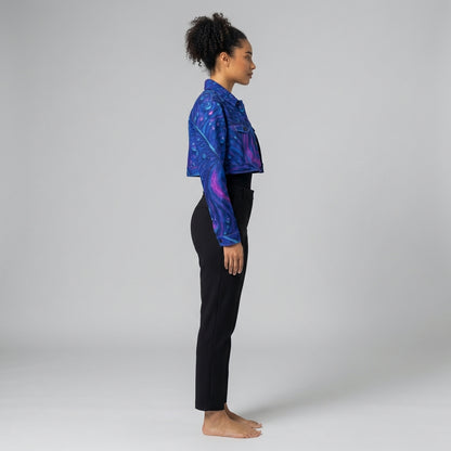 Cropped Jean Cotton Jacket Blue Peacock Feather
