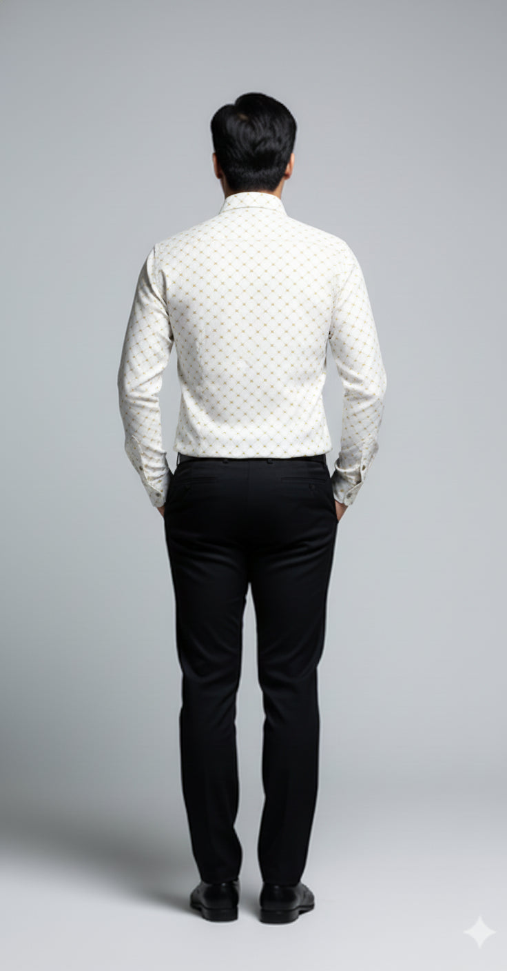 Crown and Lines Gold on White Structured Linen Dress Shirt with Franklin Spread Collar