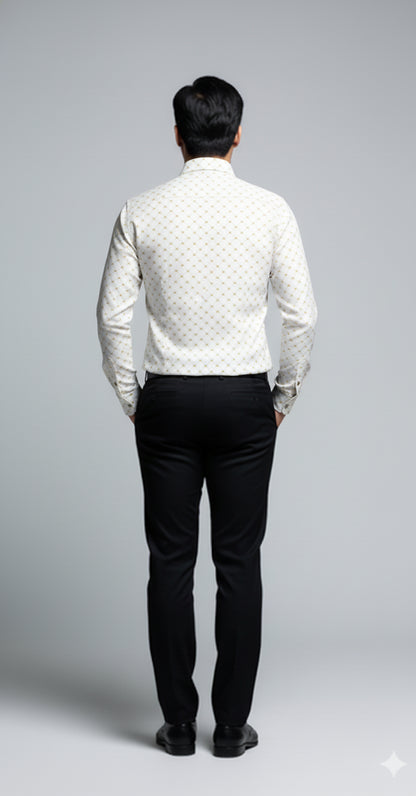 Crown and Lines Gold on White Structured Linen Dress Shirt with Franklin Spread Collar