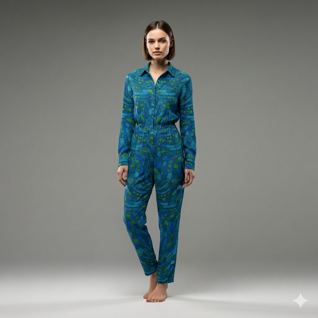 Lightweight Button Front Jumpsuit Mosaic 10