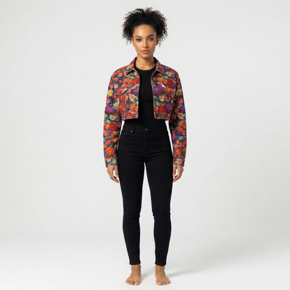 Cropped Jean Cotton Jacket Red Flower Bed