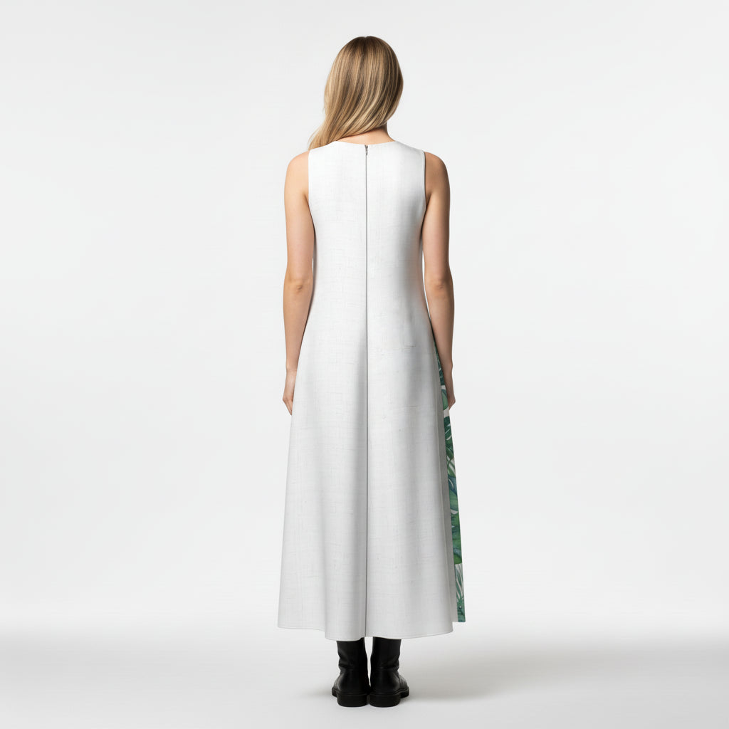V-Neck A-Line Palm Dress in White Organic Cotton Twill