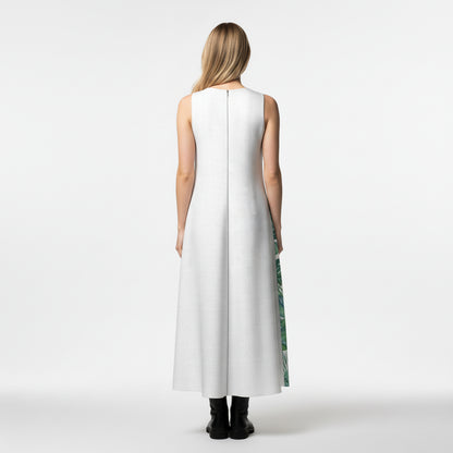 V-Neck A-Line Palm Dress in White Organic Cotton Twill