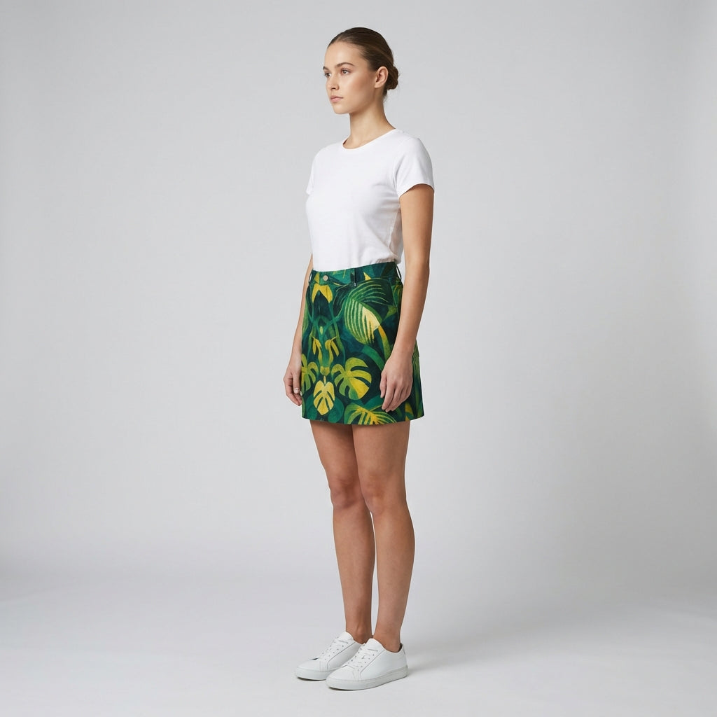 Denim Mini Skirt Green Leaves