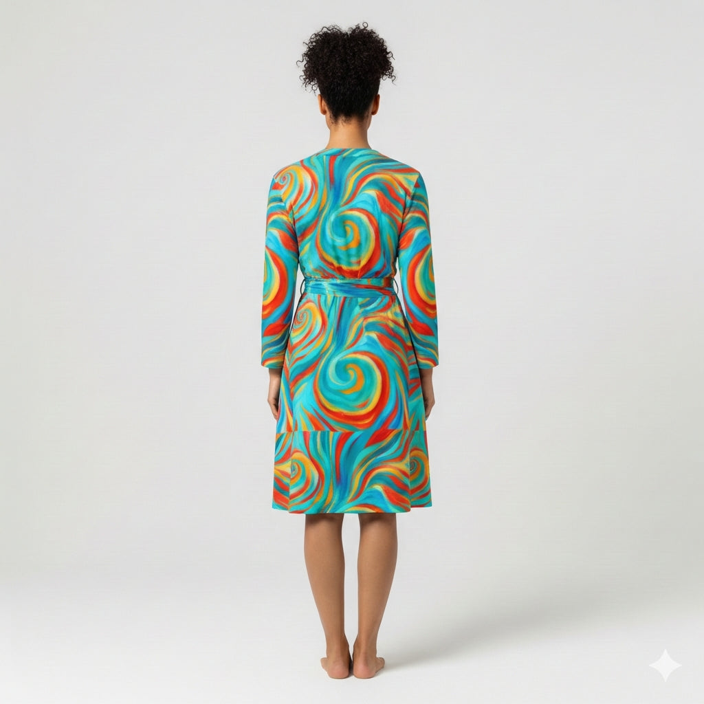 Wrap Dress Cyan Swirls – Traditional Jersey Wrap Dress
