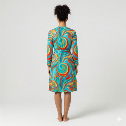 Wrap Dress Cyan Swirls – Traditional Jersey Wrap Dress