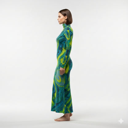 Sarong Maxi Turtleneck Body Con Dress Blue Jungle