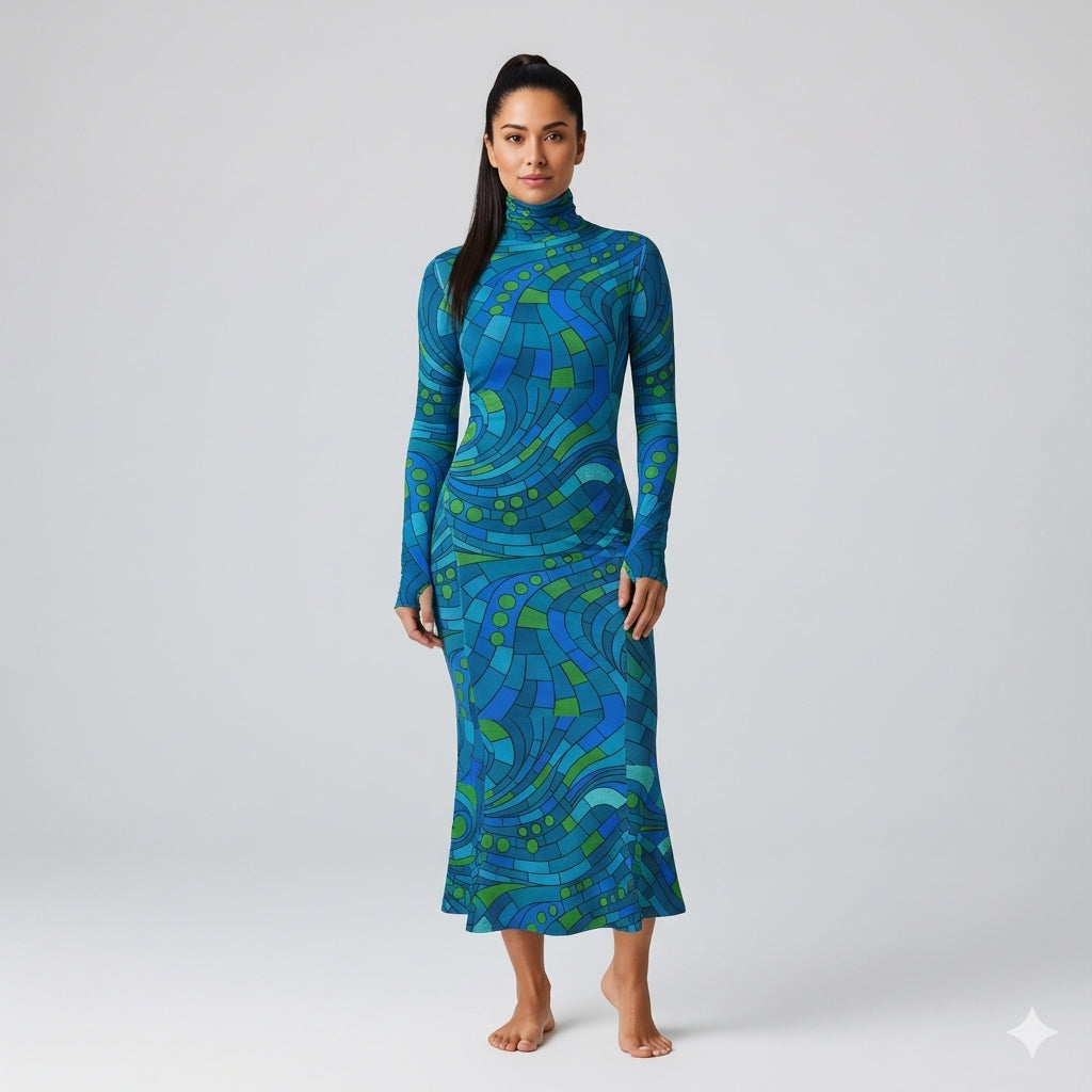 Sarong Maxi Turtleneck Body Con Dress Mosaic 11