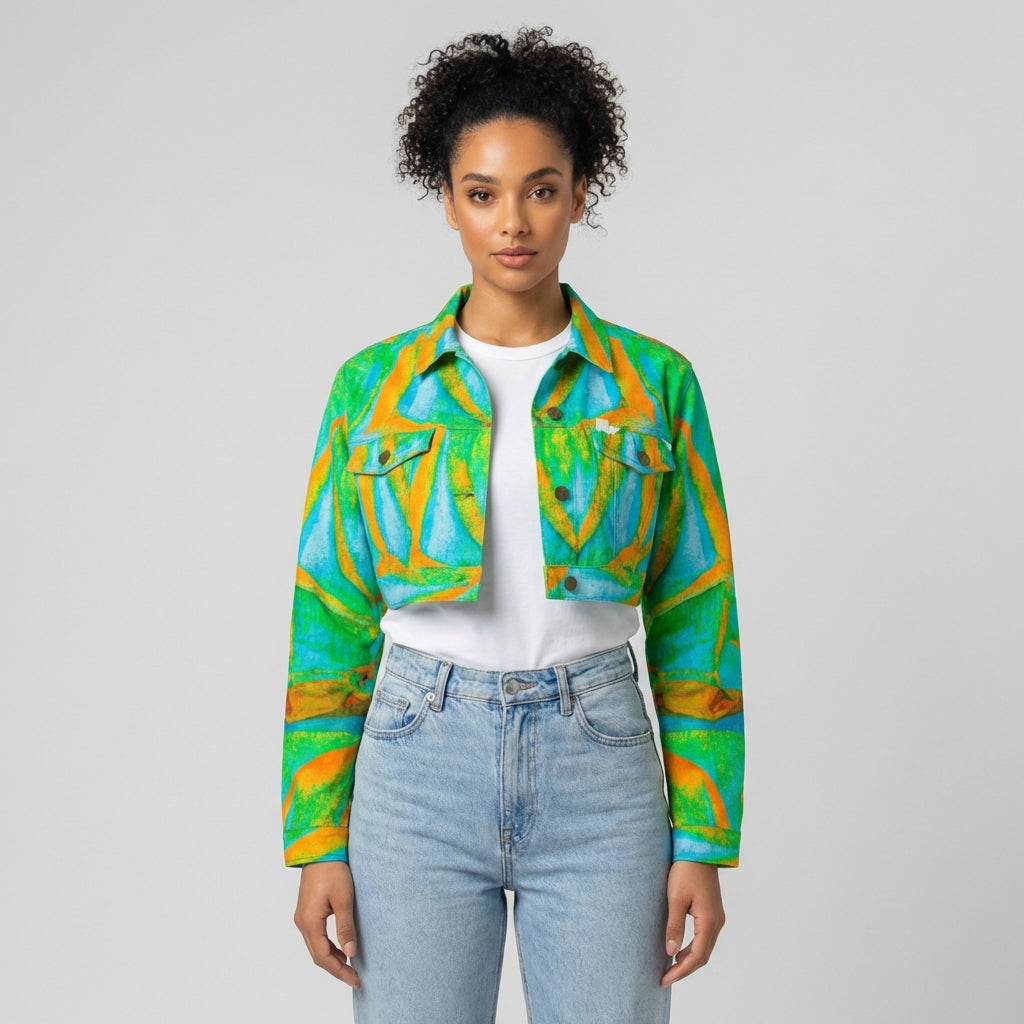 Cropped Jean Cotton Jacket Palm Tree Island