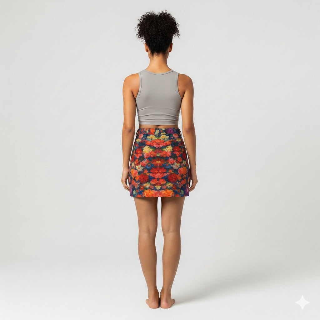 Cropped Denim Mini Skirt Red Flower Bed