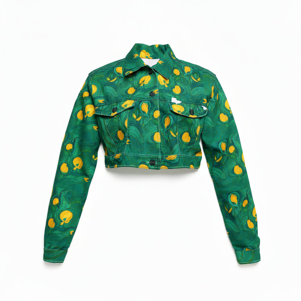 Cropped Jean Cotton Jacket Yellow Flowers