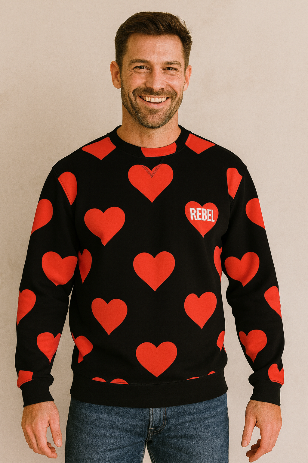 Crew Neck Sweatshirt with Inset V – Red Hearts Print