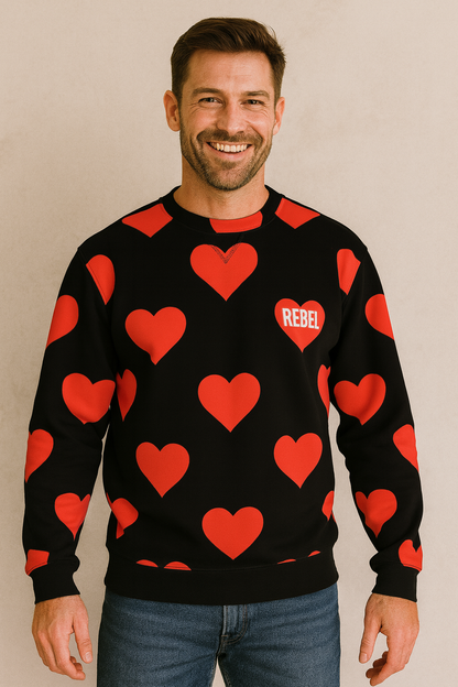 Crew Neck Sweatshirt with Inset V – Red Hearts Print