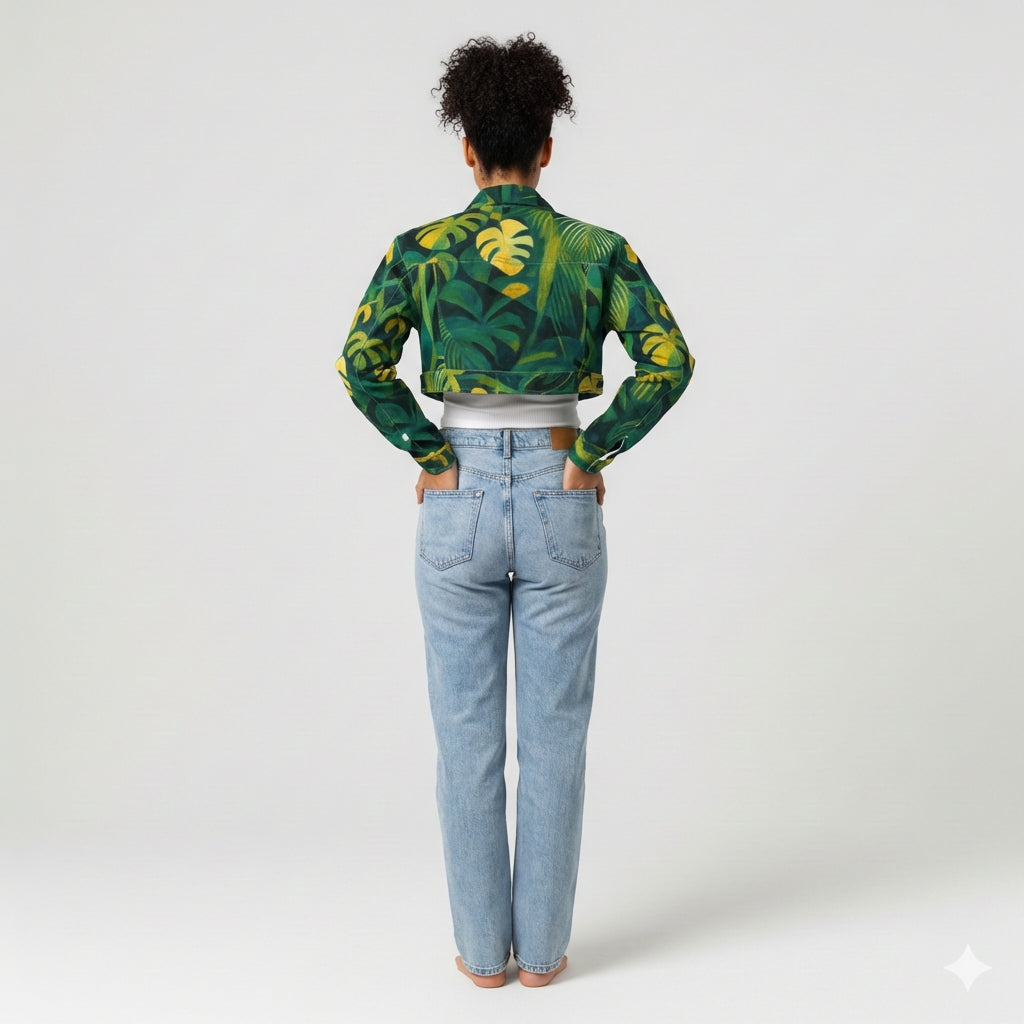Cropped Jean Cotton Jacket Green Leaves