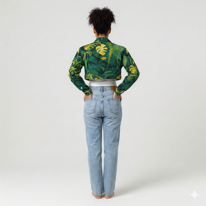Cropped Jean Cotton Jacket Green Leaves