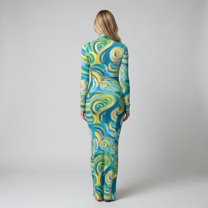 Sarong Maxi Turtleneck Body Con Dress Sea Swirls