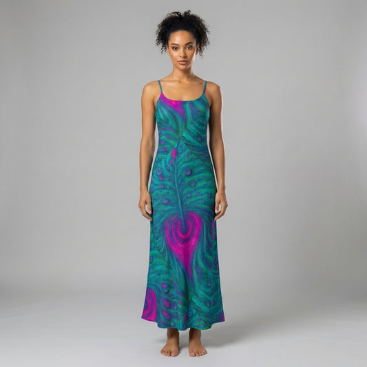 Bias Slip Dress Teal Peacock Feather