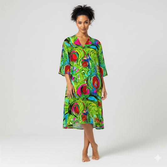 Short Caftan Dress Pink Water Lilies